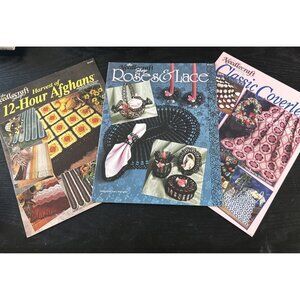 Lot 3 Needlecraft Shop Harvest Afghans Classic Coverlets & Roses & Lace Designs